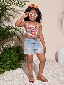 Young Girl Tropical Floral Print Curved Hem Triangle Back Tank Top, Summer - Multicolor - View 3