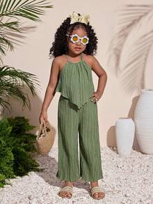 Conjunto de top corto de halter texturizado verde y pantalones rectos para niña en vacaciones tropicales - Verde - Ver 4