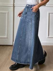 DAZY 复古A字牛仔裙，做旧复古优雅长裙，女士秋冬款 - 藍色 - 查看 5
