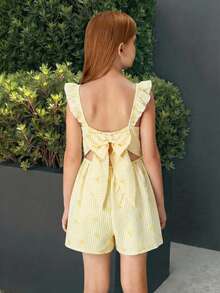 SHEIN Bộ áo liền quần dáng rộng kẻ sọc cổ vuông tay ngắn cho bé gái tuổi teen, thích hợp cho kỳ nghỉ. - Màu vàng - Xem 2