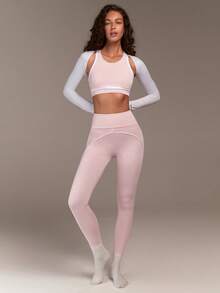 Fluxe 女士高腰撞色滚边修身运动打底裤 - 粉色 - 查看 3