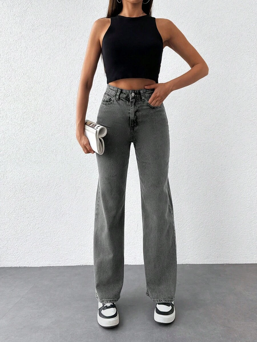 EURMUSE 100%Cotton Solid Slant Pocket Casual Straight Leg Jeans - Grey - View 1