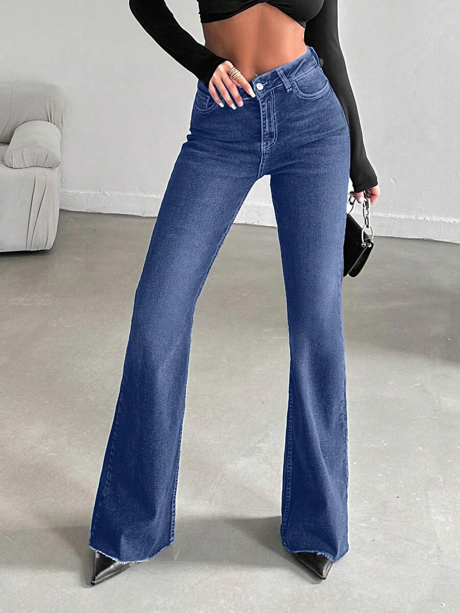 EURMUSE Jeans de pierna acampanada de cintura alta con bolsillos, versátiles y casuales para mujer - Azul lavado oscuro - Ver 1