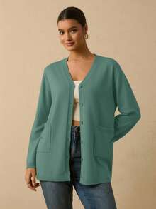 Travachic 秋冬季大码女式纯色V领休闲纽扣开襟毛衣 - 綠色 - 查看 6