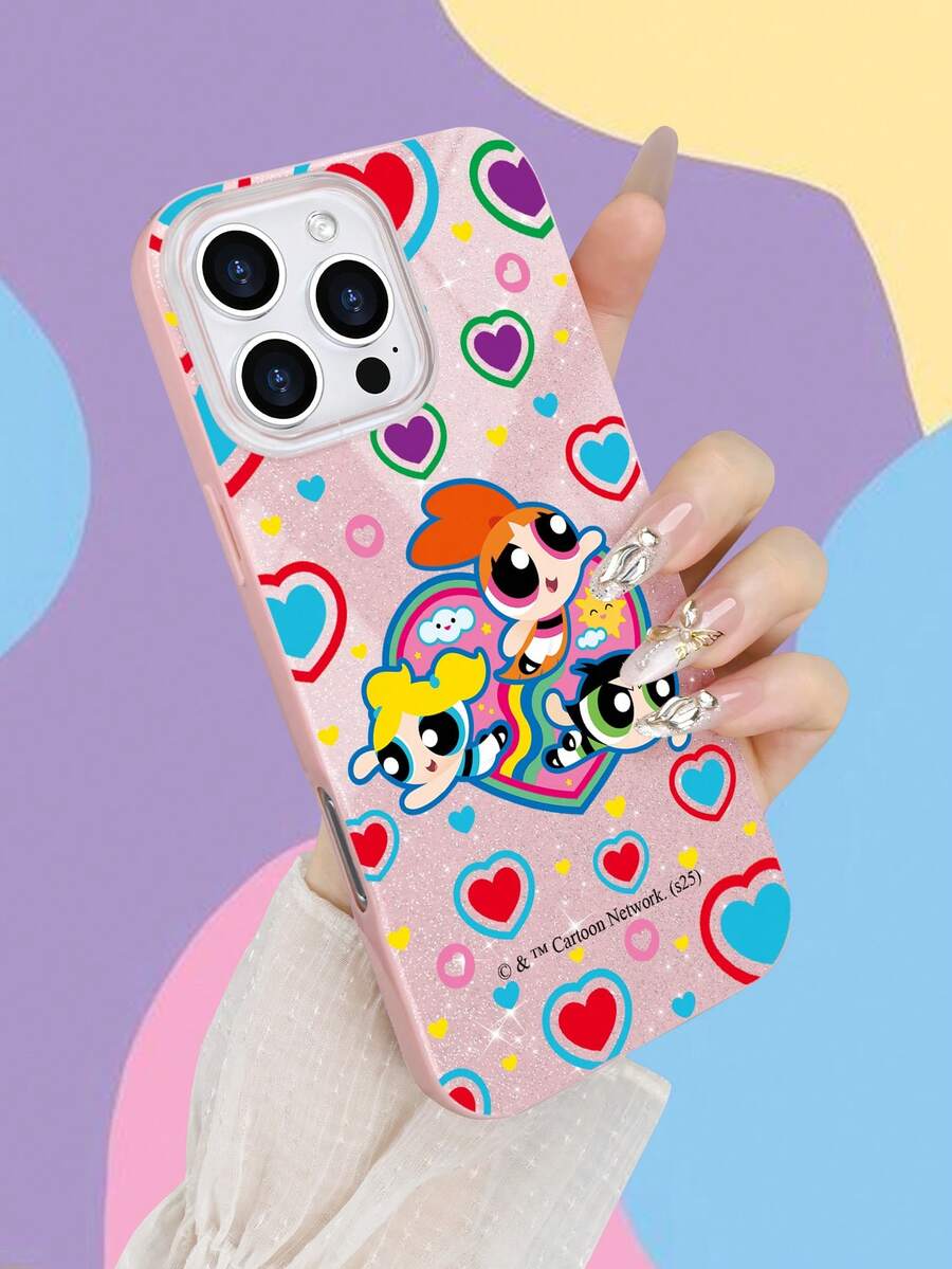 THE POWERPUFF GIRLS X SHEIN 1 ốp lưng điện thoại hình trái tim lấp lánh Powerpuff Girls, kiểu dáng sáng tạo, dễ thương và tinh nghịch, màu hồng tươi sáng, mềm mại, che phủ toàn bộ điện thoại với thiết kế lỗ mở lớn, chống bụi và chống nước, tương thích với iPhone 16/15/14/13/12/11/Pro/Pro Max/X/XR/XS/XS Max/7/8/Plus - Bột - Xem 1