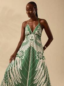 CAJUNI 女士度假热带波西米亚印花吊带系带休闲沙滩夏季长裙 - 綠色 - 查看 7