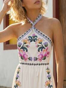 CAJUNI Women's Halter Tie-Up Backless Floral Print Casual Jumpsuit - Purple - View 1