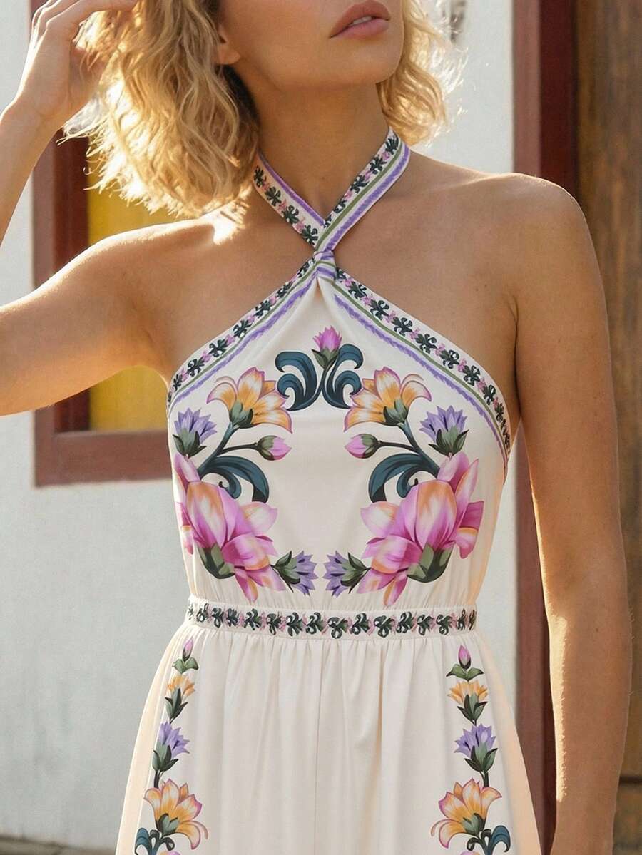 CAJUNI Women's Halter Tie-Up Backless Floral Print Casual Jumpsuit - Purple - View 1