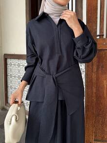 DAZY Bộ 2 món áo nữ cổ bẻ thắt eo và chân váy dài kiểu dáng thường ngày. - Màu xanh hải quân - Xem 5