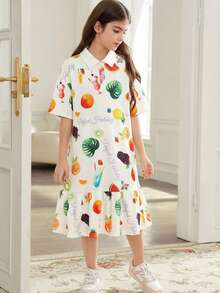 SHEIN 少女休闲街头风水果印花文字衬衫领宽松超大款拼接褶皱Polo衫连衣裙短袖中长连衣裙 - 白色 - 查看 6