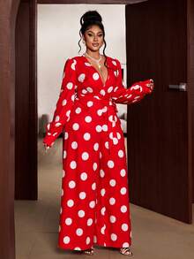 Maweii 大码女士优雅派对深V领系腰波点连体裤