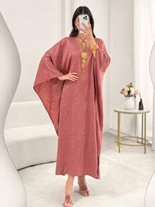 SHEIN Najma Đầm maxi dáng rộng tay cánh dơi khoét eo kiểu Ả Rập dành cho nữ - Gỗ đỏ - Xem 6