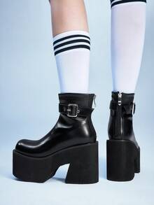 Sugerpunk Botas de tobillo elásticas con cremallera gruesa en la parte posterior, de estilo punk y a la moda - Negro - Ver 5