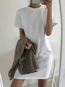 DAZY 女士纯色宽松T恤连衣裙夏季太阳裙，休闲女装 - 白色 - 查看 4