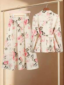 Franclia 大码女装春秋新款A字百褶裙搭配时尚系带西装外套，优雅两件套，浅色印花 - 彩色 - 查看 2