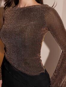 Bris Aura Camiseta ajustada con mangas acampanadas metálicas brillantes, dobladillo asimétrico y ribete de lechuga, top brillante, adecuado para Año Nuevo, fiestas navideñas, fiestas elegantes, uso diario, salidas, otoño/invierno - Dorado - Ver 3