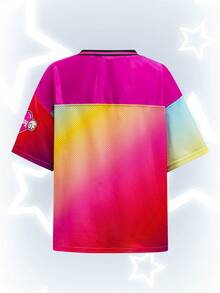 SHEIN Trolls 1pc Tween Girl Casual Cartoon Letter Ombre Loose Fit Short Sleeve Breathable Mesh T-Shirt, Sporty Style - Multicolor - View 3