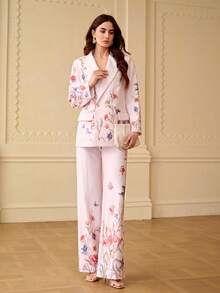 ZEYLAH Women's Elegant Floral Print Loose Suit Pants With Pockets, Spring/Summer