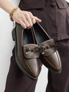 CUCCOO BIZCHIC Women's Brown Pointed Toe Loafers With Bow Decor, Comfortable Slip-On Thick Sole Casual/Work Shoes Valentine's Day - Coffee Brown - View 5