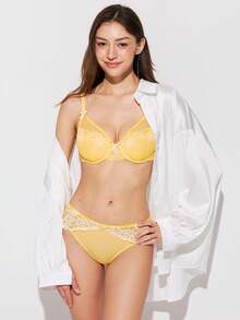 LUVLETTE Soft Woman Lingerie Breathable Underwire Sexy Unlined Minimizer Yellow Floral Lace & Sheer Mesh Bra