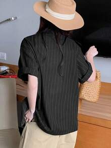 DAZY 女士条纹短袖衬衫，夏季时尚 - 黑色 - 查看 3