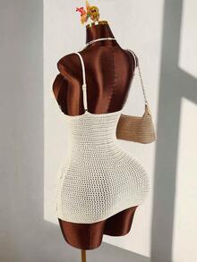 Amplova Women's Crochet Mini Dress, Sexy Sheer Floral Slip Dress, Vacation Dress - Apricot - View 2