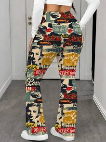 Slaydiva 大码女式标语和人物印花不对称腰休闲打底裤图案印花裤报纸印花服装豹纹裤海报印花裤女式高个长裤 - 彩色 - 查看 3