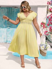 Vivid Eden 大码女式休闲日常优雅浪漫度假舒适柔软蕾丝拼接黄色连衣裙 - 黃色 - 查看 13