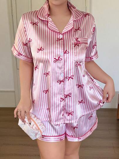Napfluff CURVE Plus Size Bow, Stripe, Heart Print Lapel Cardigan Pajama Set, Faux Silk