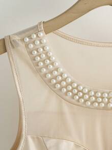 SHEIN Chic Pearl Detailed Cold Shoulder Tank Top Regular Length Champagne Blouse - Champagne - View 5