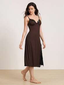 1 件女式无袖蕾丝拼布开衩条纹柔软休闲睡袍 - 咖啡棕 - 查看 6