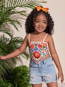 Young Girl Tropical Floral Print Curved Hem Triangle Back Tank Top, Summer - Multicolor - View 5
