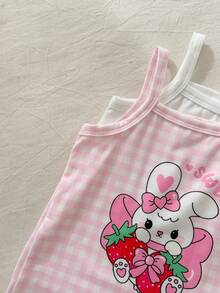 SHEIN Babygirl 4pcs Summer Pink White Cute Night Set,Halter Top & Shorts,Cartoon Rabbit Print Checkered Knitted Fabric,Loose Fit Sweet Style For Picnic - Multicolor - View 7