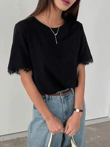 DAZY 女士撞色蕾丝圆领宽松短袖 T 恤，夏季休闲日常装，商务休闲女装 - 黑色 - 查看 6