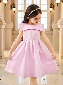SHEIN Vestido sin mangas con cintura ceñida y cuello bordado para niñas, elegante para fiestas y ocasiones especiales - Rosa - Ver 3