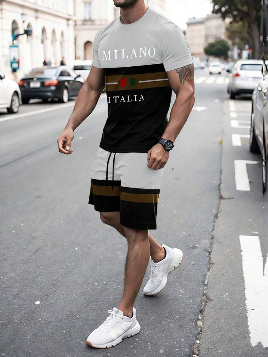 Manfinity Homme 2pcs/Set Classic Colorblock Striped Combo Milan Round Neck Short Sleeve T-Shirt And Shorts Men Two Piece Casual Short Sets - Multicolor - View 1