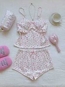 Comfortcana Cute White And Pink Floral Print Ruffle Trim Camisole Top And Shorts Set,Women's Summer Lounge Knit Soft Pajama Set,Elegant Beach Vacation Outfits - Multicolor - View 4