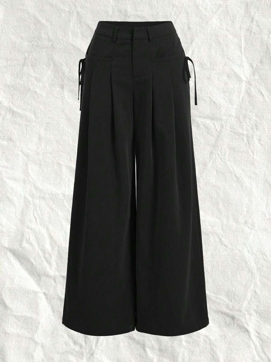 SHEIN EZwear Knotted Side Pleated Detail Wide Leg Trouser/Suit Pants In Fall/Winter
