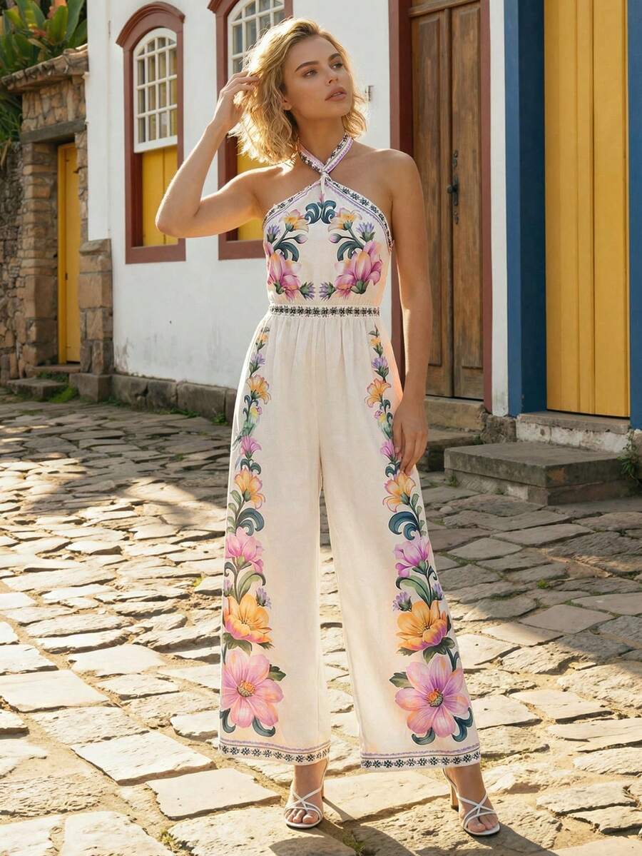 CAJUNI 女士露背系带碎花休闲连体裤 - 紫色 - 查看 1