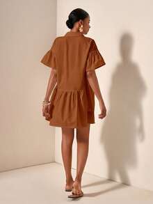 Slaydiva Women Holiday Solid Color Short Sleeve Single-Breasted Ruffle Hem Casual Shirt Dress - Brown - View 2