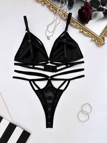 2pcs Women's Sexy Black PU Leather Wireless Bra And Thong Panty Set - Black - View 2