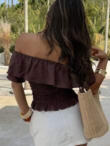 Livesso Brown Ruffled Off-Shoulder Vacation Blouse For Women Summer - Coffee Brown - View 2