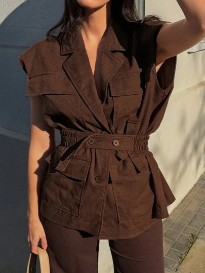 Livesso 宽松休闲街头风无袖外套，腰部系带，大口袋，女士装饰外套，适合春、夏、秋季穿着