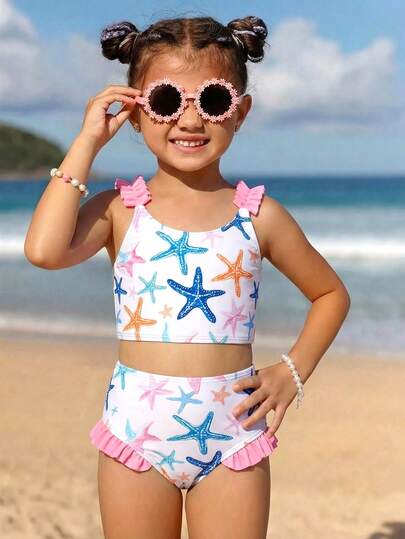SHEIN Young Girls Tankinis 2pcs/Set Cute Colorful Star Pattern Floral Trim Knit Fabric Sleeveless Swimwear Set, Fashionable Casual Elegant Suitable For Swimming, Summer Vacation, Beach, Pool, Holiday Party Kids Bathing Suits 2 Piece Little Girls Two Piece Swimsuit Swimsuits Two Pieces With Ruffles 2 Piece Bathing Suit For Girls Tankini Kids Two Piece Beachwear Starfish Bathing Suit Toddler Girl Two Piece Swimsuit Bathing Suits 2 Piece Kids Starfish Print Swimsuit Kids Two Piece Swimsuit Girls Ruffled Swimsuit Ruffle Girls Swimwear Kids Bathing Suit 2 Piece Cute Swimsuits Two Piece For Kids Kids Swim Wear For Girls Bathing Suits For Kids Spring Summer Picks Kids Beach Outfit Girl Yellow Shorts Ruffle Bikini Sets For Kids Beach Outfit For Kids Girl