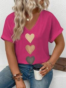 EMERY ROSE Women's V-Neck Flared Cuff, Ombre Heart Print Casual Versatile T-Shirt, Spring/Summer - Hot Pink - View 5