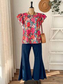 Rusticease Plus Size Women Floral Print Round Neck Ruffle Sleeve Loose Blouse For Summer/Flower/ Vacation Summer Top Summer Summer Spring Spring Women Spring Country Style For Women - Multicolor - View 4