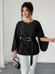 Elenzga Plus Size Women's Elegant French Style Round Neck Flowy Sleeve Self-Tie Waist Shiny Blouse, Spring/Summer/Autumn - Black - View 3