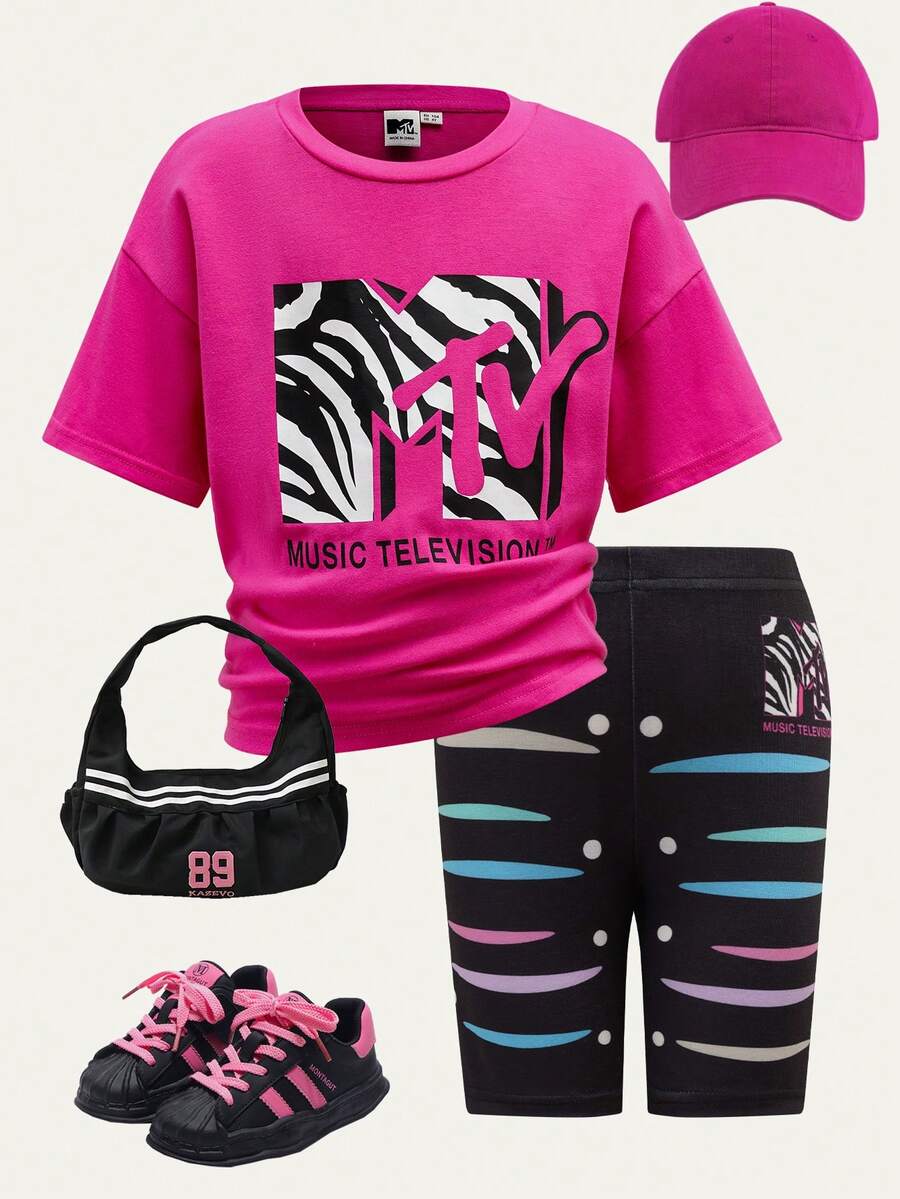 MTV | SHEIN Young Girl Summer Casual Fashion Street Zebra Striped Letter Graphic Drop Shoulder Oversize Tee & Biker Shorts Set - Pink - View 1