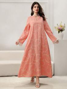 Yasmyna Feather Trim Embroidered Loose Flared Hem Elegant Women Dress