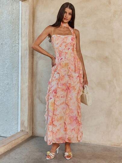 Enchnt Spring/Summer Romantic Women's Elegant Pink Minimalist Print Ruffle Hem Ribbon Dress, Summer, Elegant & Chic,Sweet&Elegant For Vacation&Date&Holiday&Going Out&Valentine's Day,Elegant Dress For Women